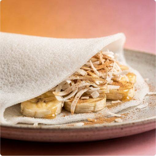Tapioca doce de banana com coco e canela